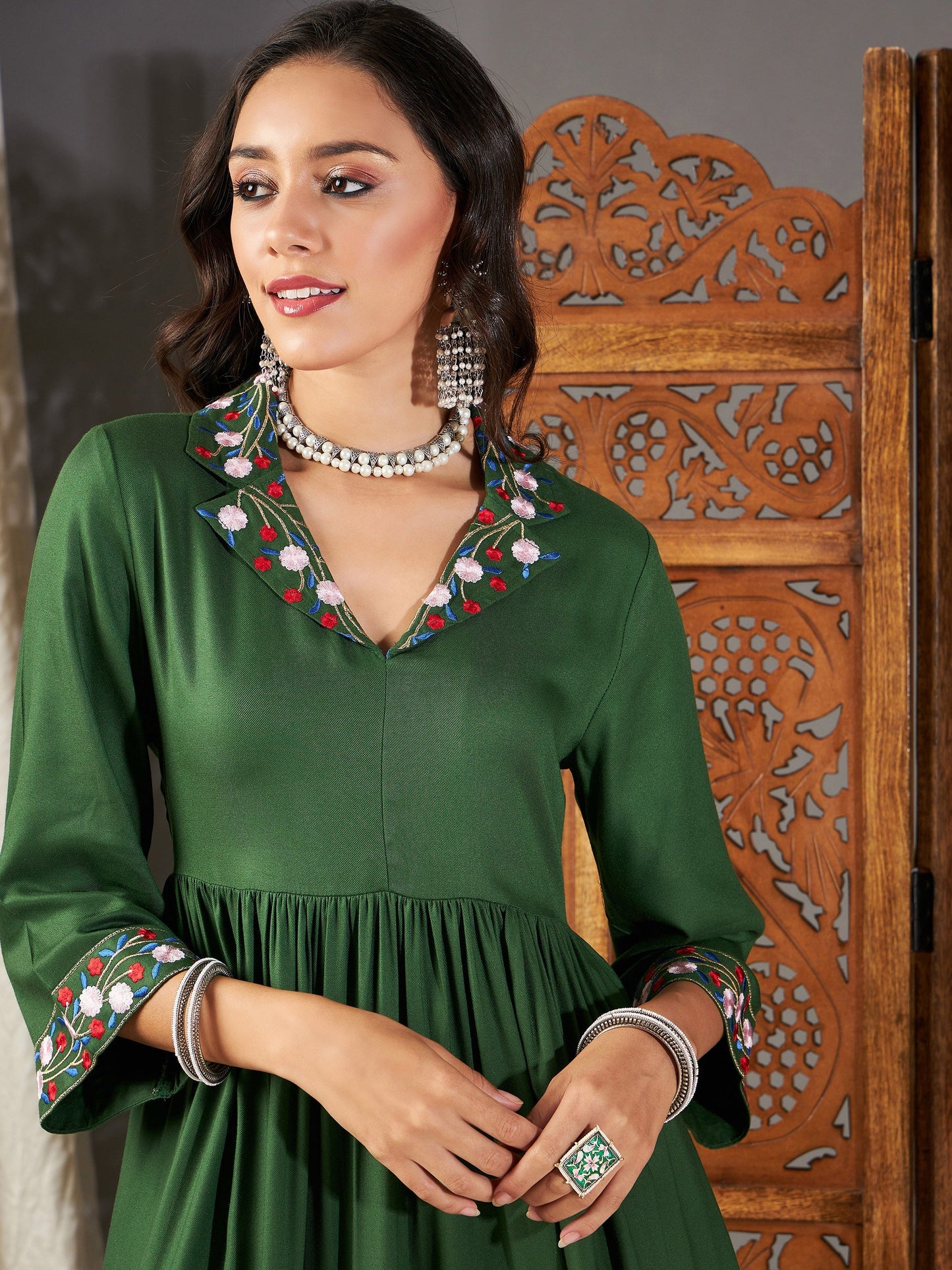Women Green Embroidered Sleeve Gathered Dress