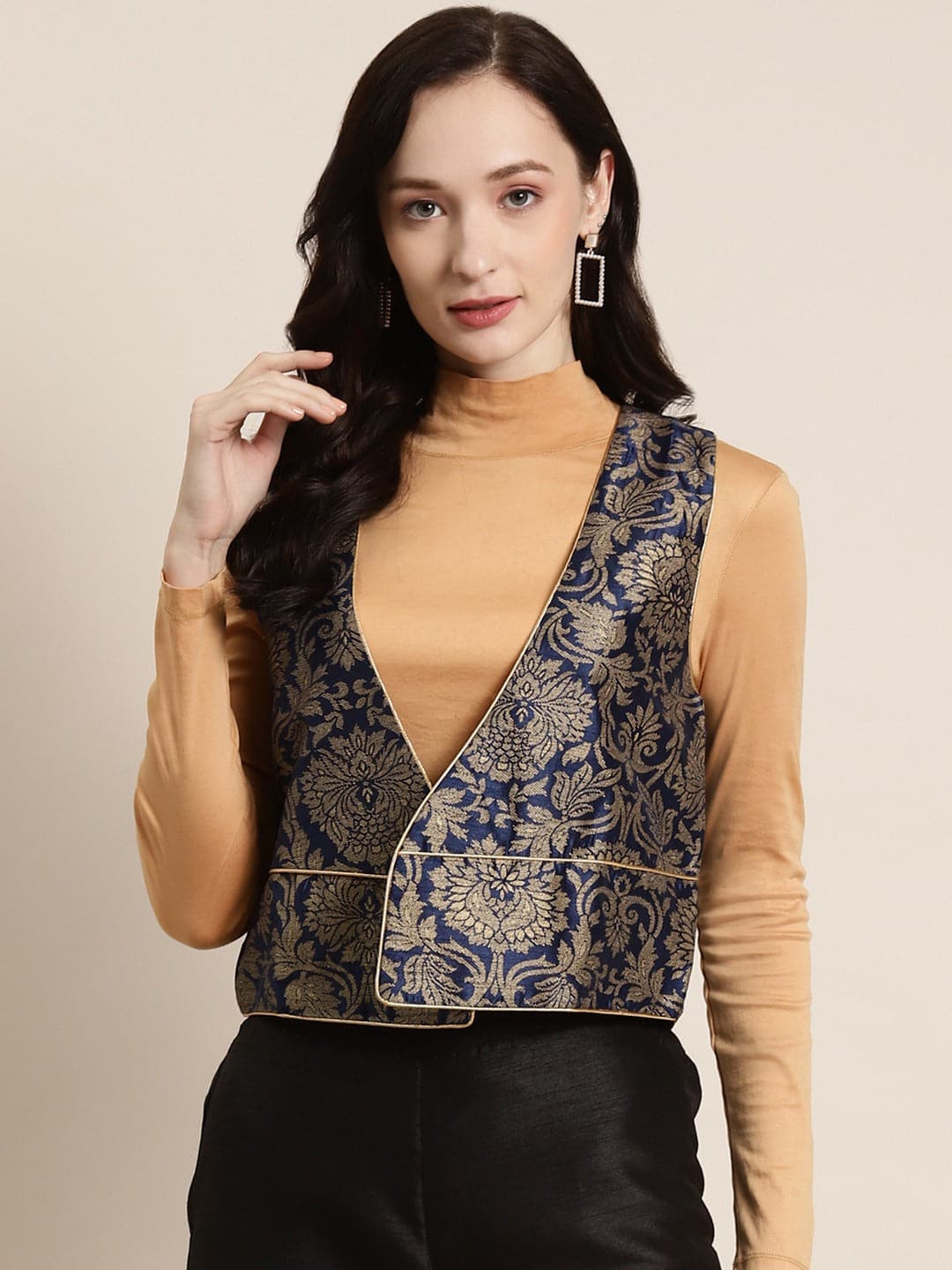 Navy Jacquard Floral Sleeveless Waist Coat-Jackets-SASSAFRAS