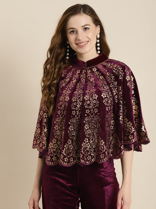Purple Velvet Foil Print Poncho-Shrugs-SASSAFRAS