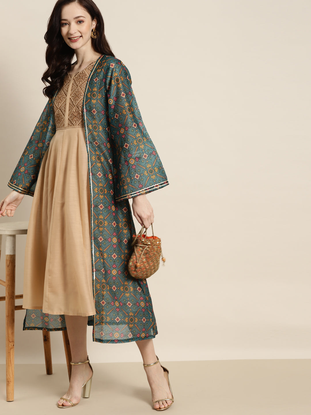 Women Teal Patola Front Open Shrug