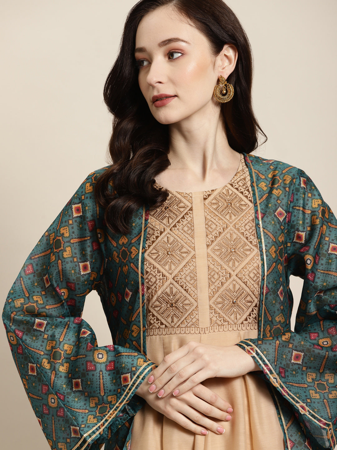 Women Teal Patola Front Open Shrug