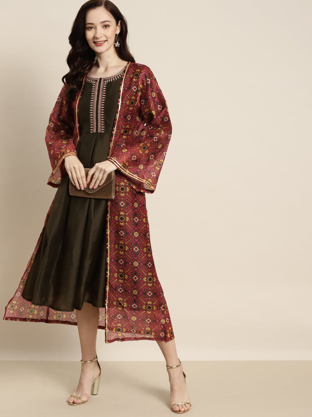 Women Maroon Patola Front Open Shrug-Shrugs-SASSAFRAS