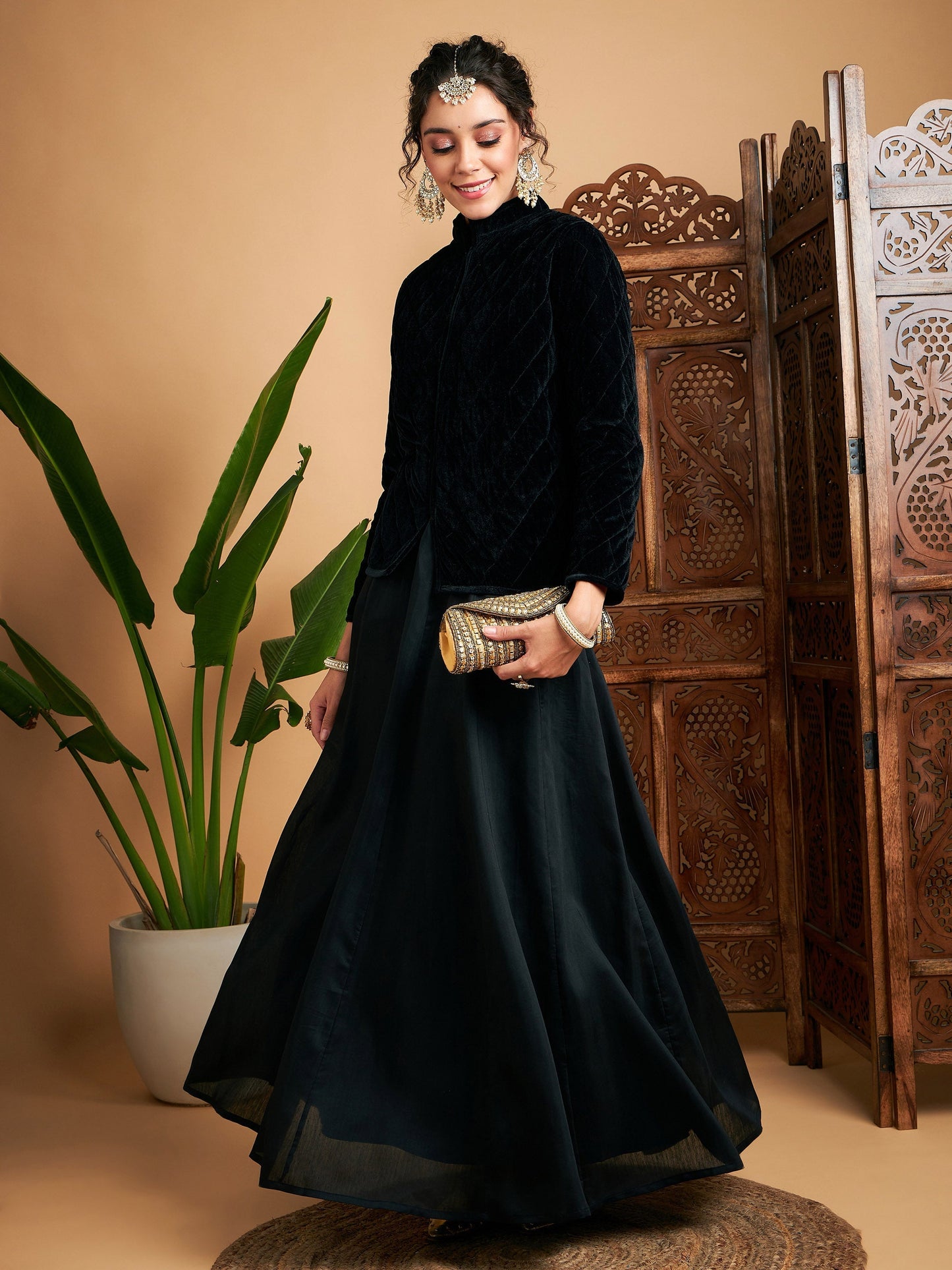 Women Black Velvet Quilted Jacket