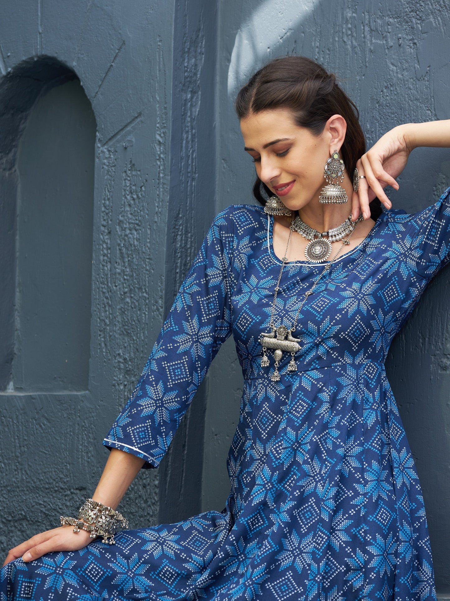 Women Blue Floral Anarkali Kurta