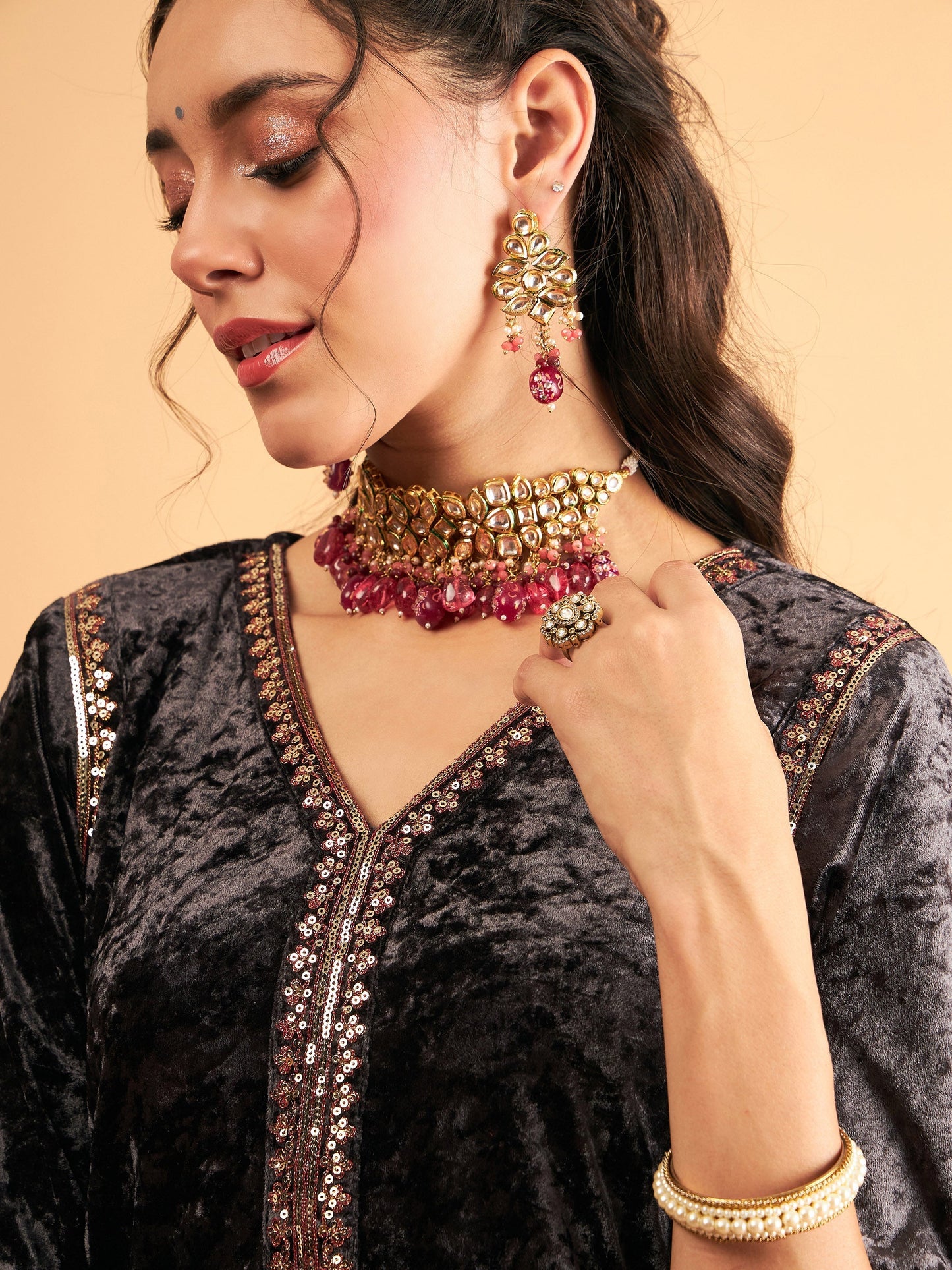 Women Grey Velvet Embroidered Straight Kurta
