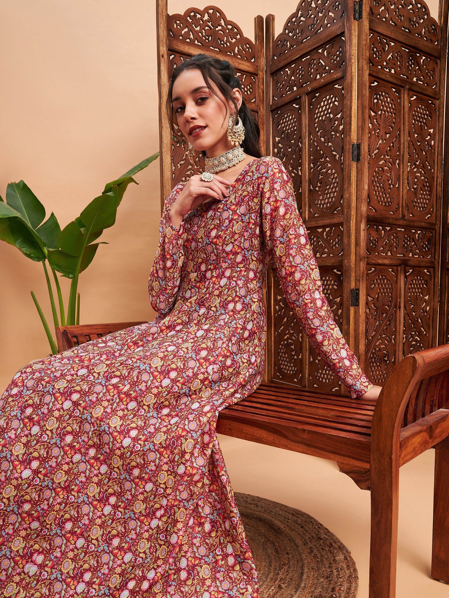 Women Maroon Chanderi Floral Anarkali Maxi Kurta