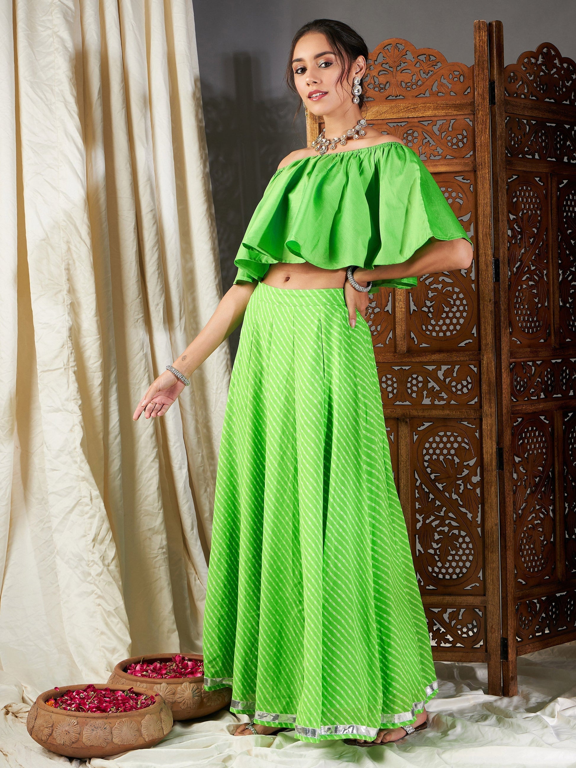 Green Lehariya Bardot Crop Top With Anarkali Skirt -Shae by SASSAFRAS