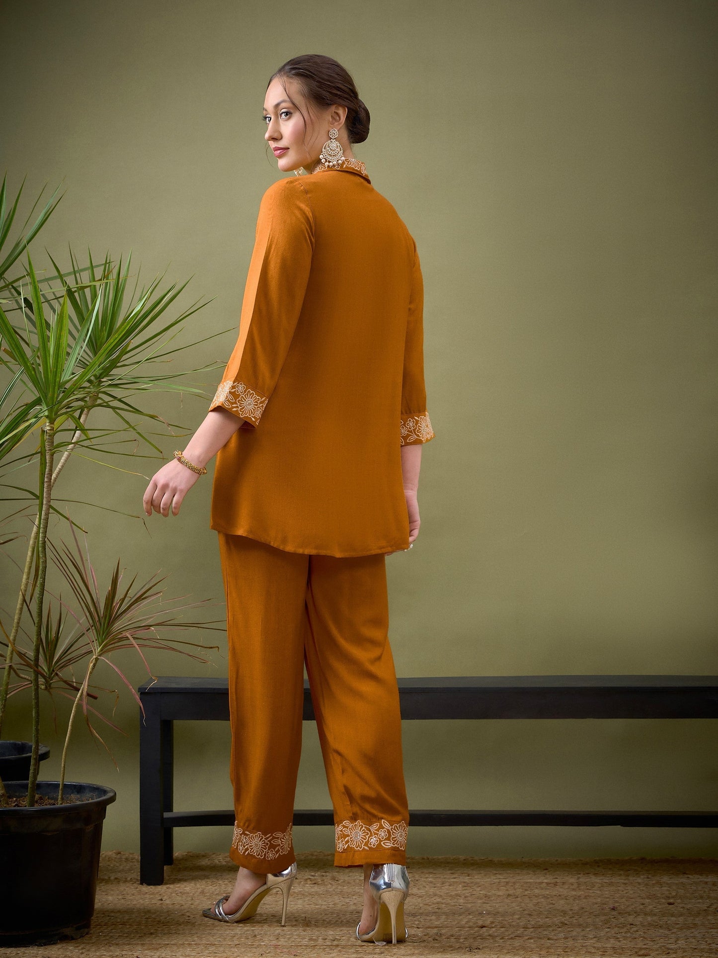 Women Mustard Collar And Placket Embroidered Shirt With Palazzos
