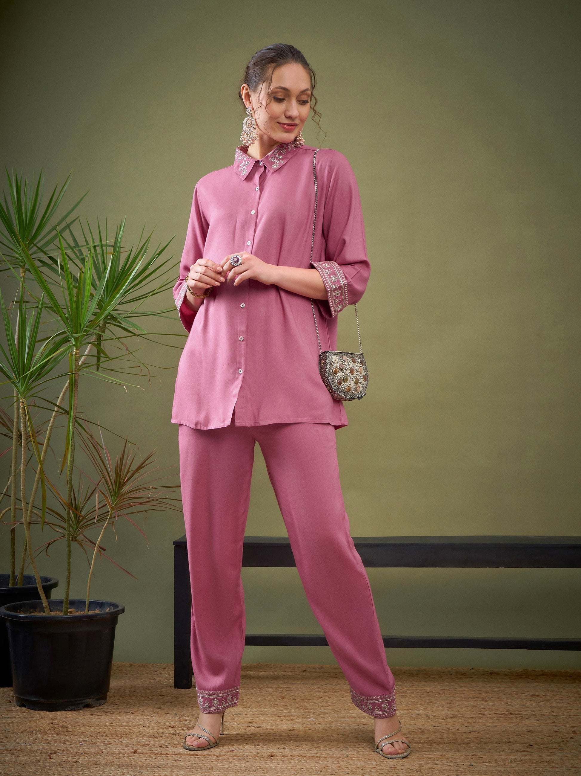 Pink Embroidered Shirt With Palazzos-Shae by SASSAFRAS