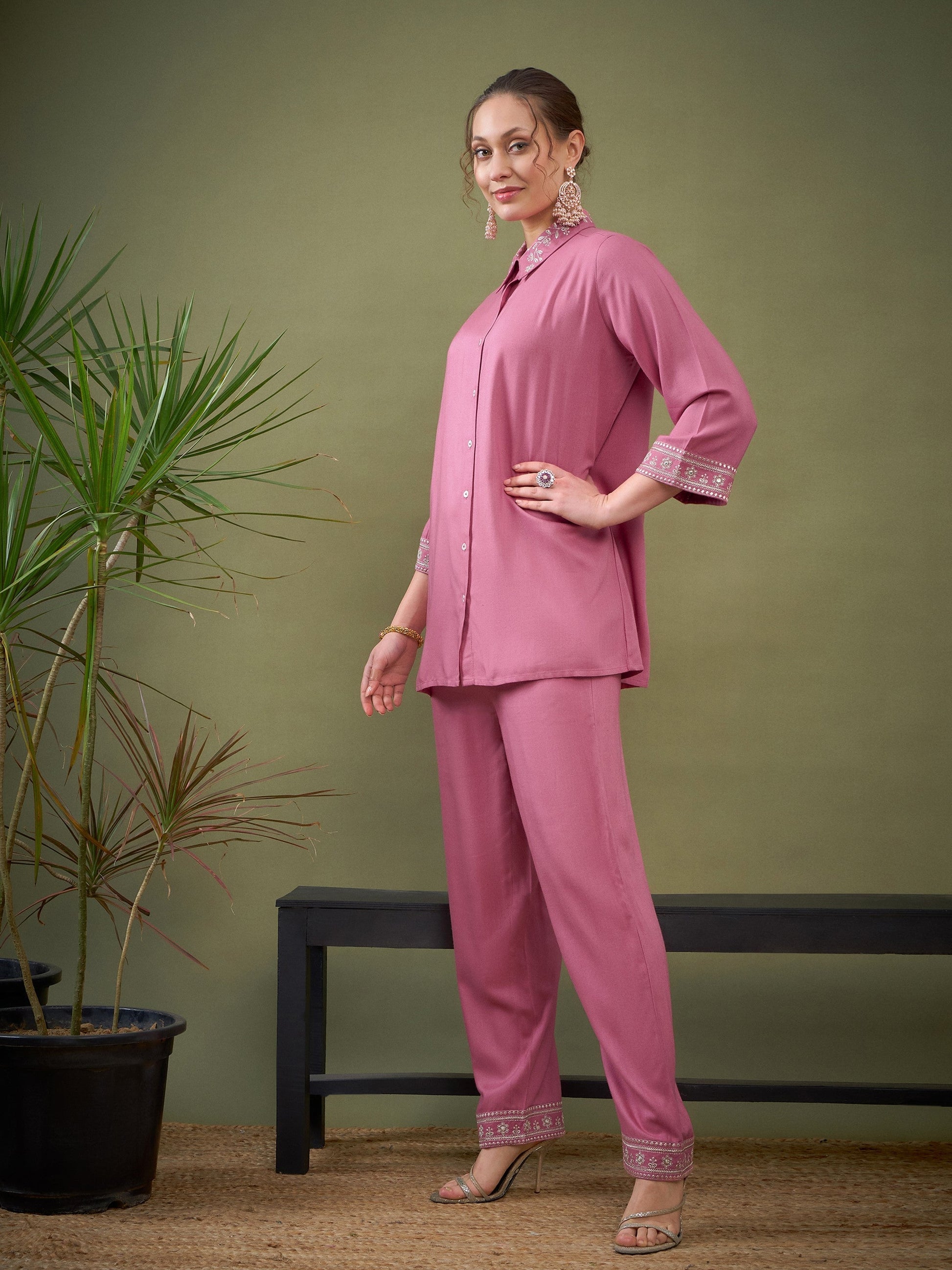 Pink Embroidered Shirt With Palazzos-Shae by SASSAFRAS