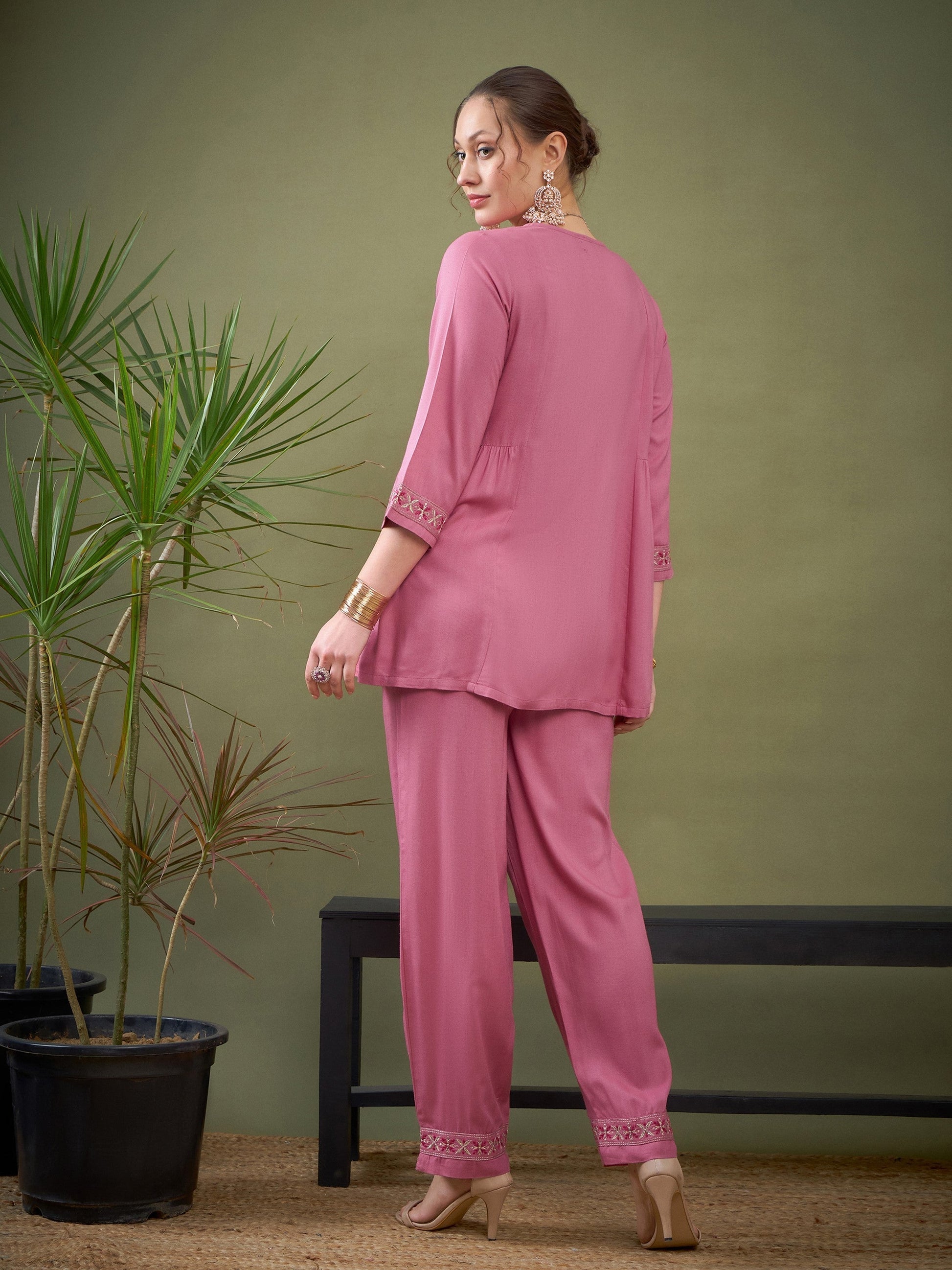 Pink Front Embroidered Shirt With Palazzos -Shae by SASSAFRAS