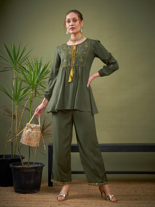 Women Olive Embroidered Peplum Top With Palazzos