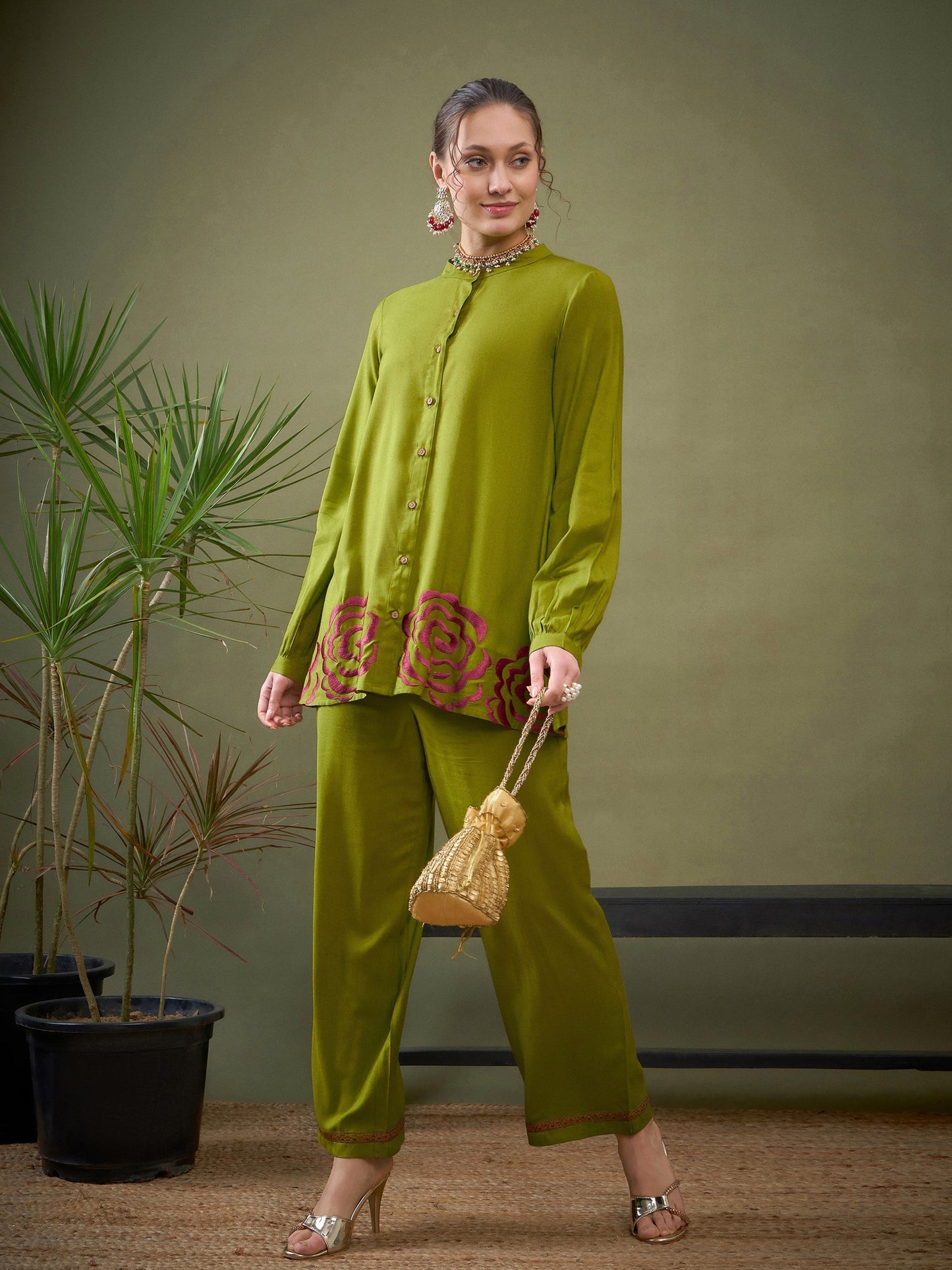 Green Hem Embroidered Shirt With Palazzos-Shae by SASSAFRAS
