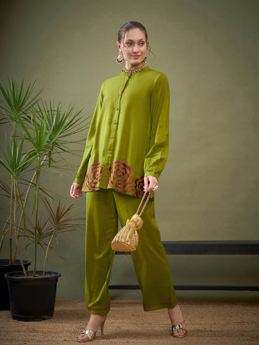 Green Hem Embroidered Shirt With Palazzos-Shae by SASSAFRAS