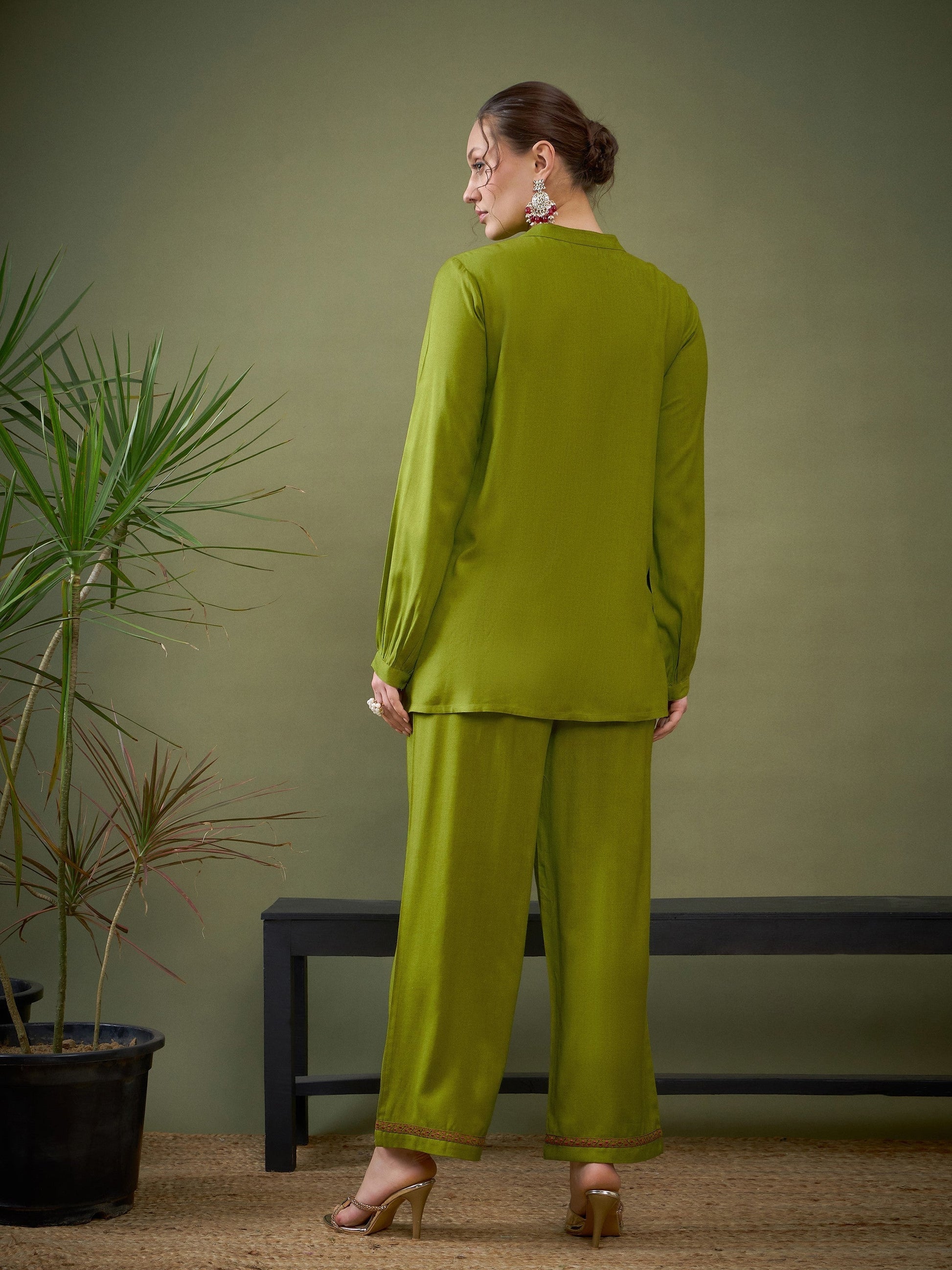 Green Hem Embroidered Shirt With Palazzos-Shae by SASSAFRAS