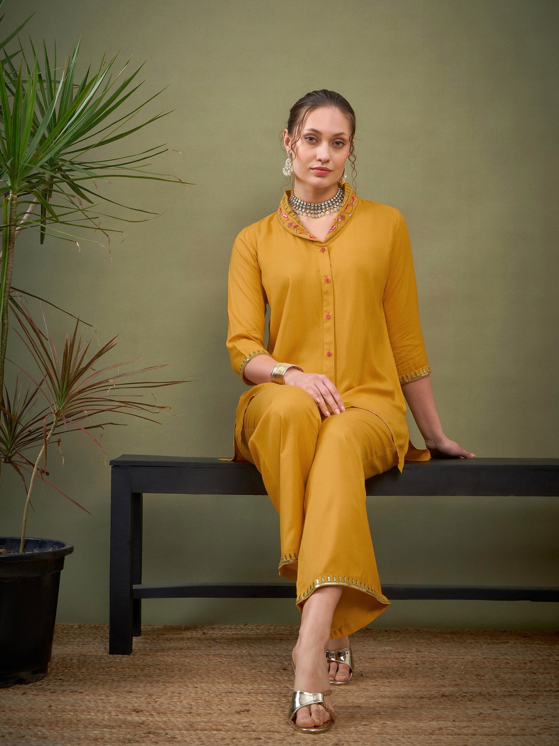 Mustard Shawl Collar Embroidered Shirt With Palazzos-Shae by SASSAFRAS