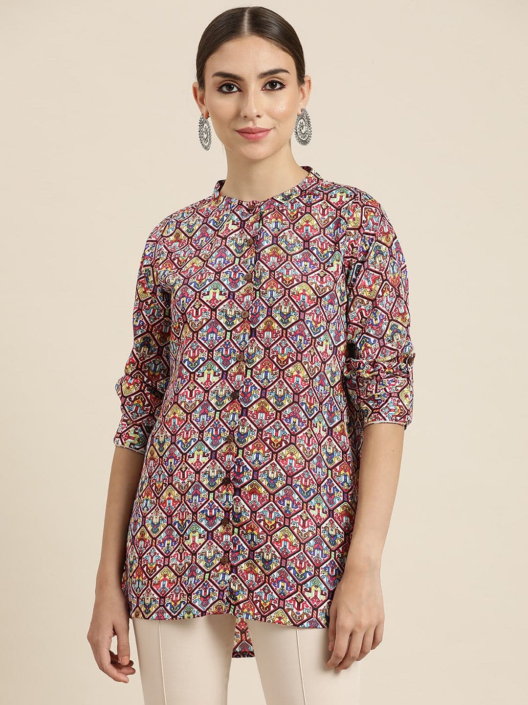 Women White Patola High Low Shirt-Shirts-SASSAFRAS