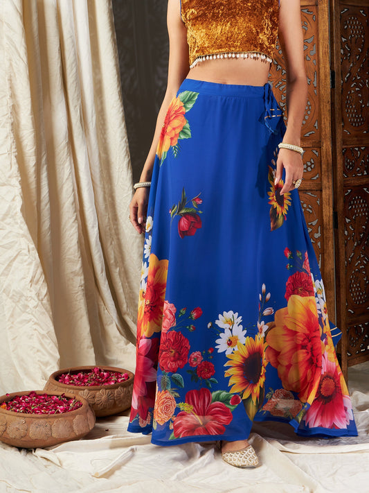Women Blue Floral Bias Flared Skirt