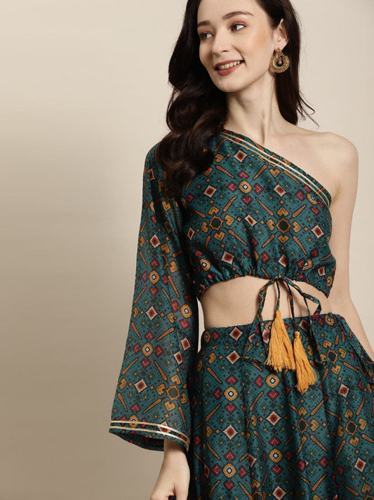 Women Teal Patola One Shoulder Crop Top-Tops-SASSAFRAS