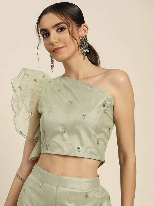 Women Olive Tulle Sequins One Shoulder Crop Top