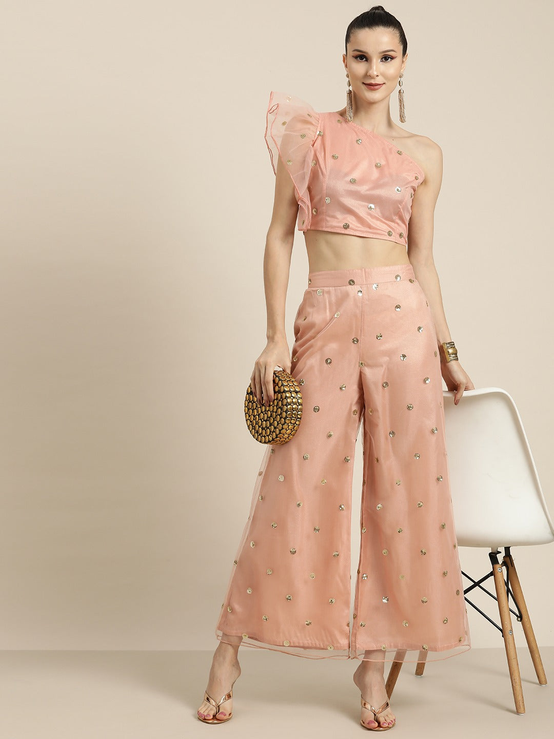 Women Peach Tulle Sequins One Shoulder Crop Top