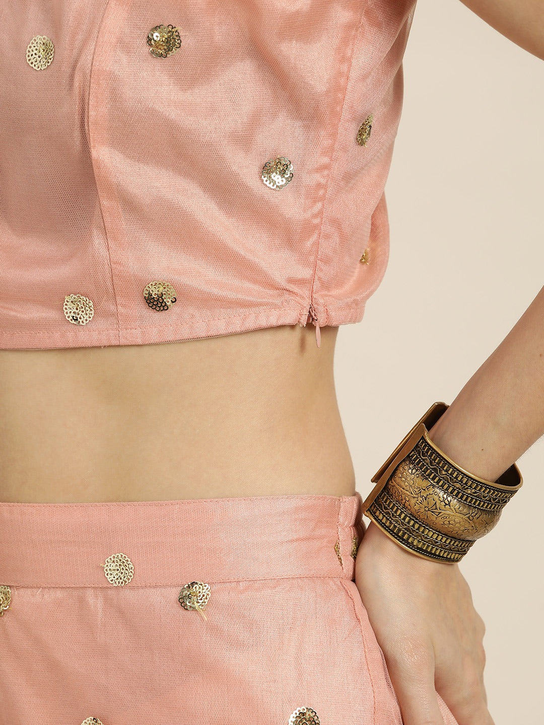 Women Peach Tulle Sequins One Shoulder Crop Top