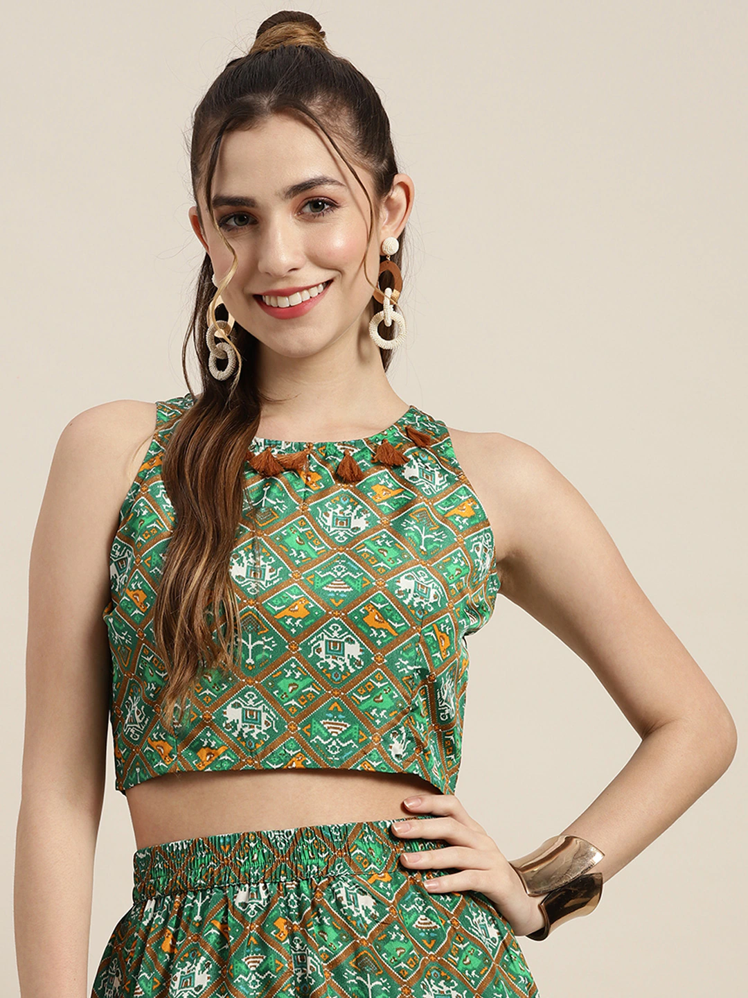 Women Green Patola Sleeveless Crop Top-Tops-SASSAFRAS
