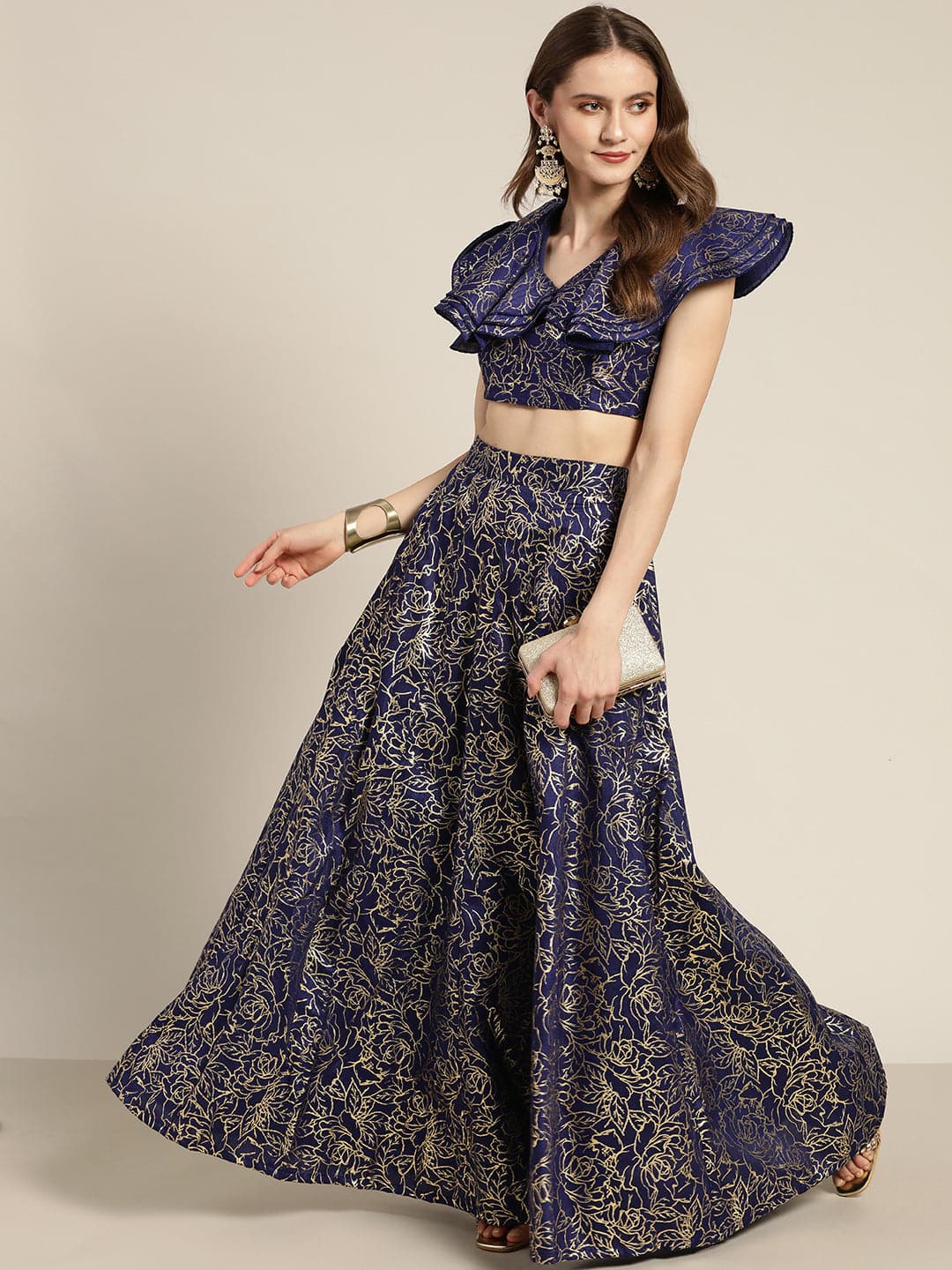 Navy Chanderi Foil V Neck Crop Top Shae by SASSAFRAS
