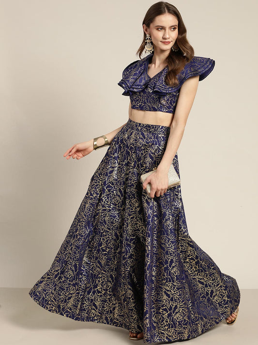 Navy Chanderi Foil V Neck Crop Top Shae by SASSAFRAS