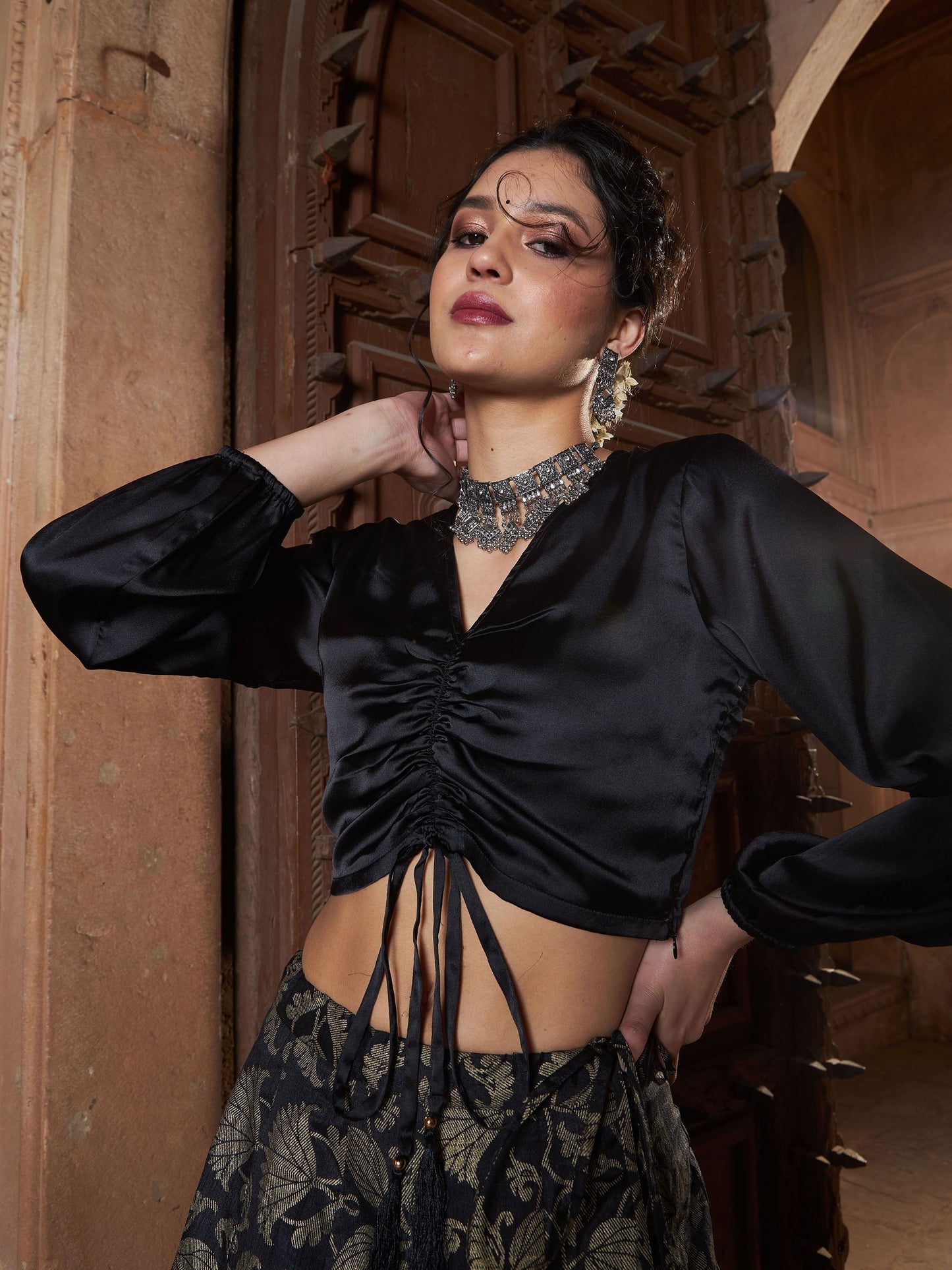 Black Satin Ruched Crop Top-Shae by SASSAFRAS