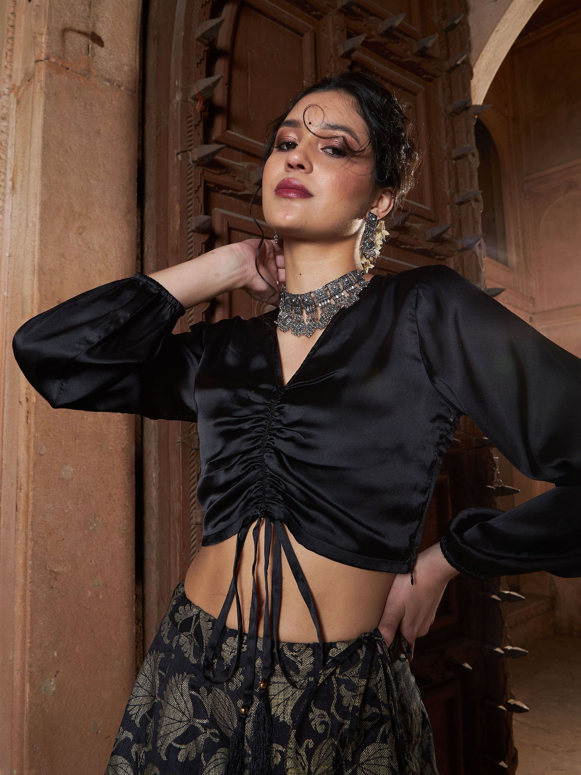 Black Satin Ruched Crop Top-Shae by SASSAFRAS