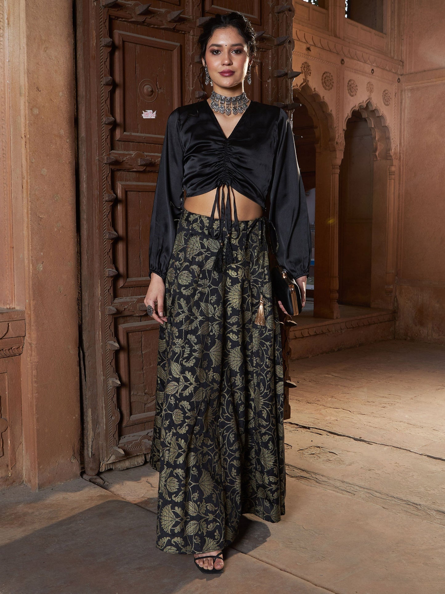 Black Satin Ruched Crop Top-Shae by SASSAFRAS