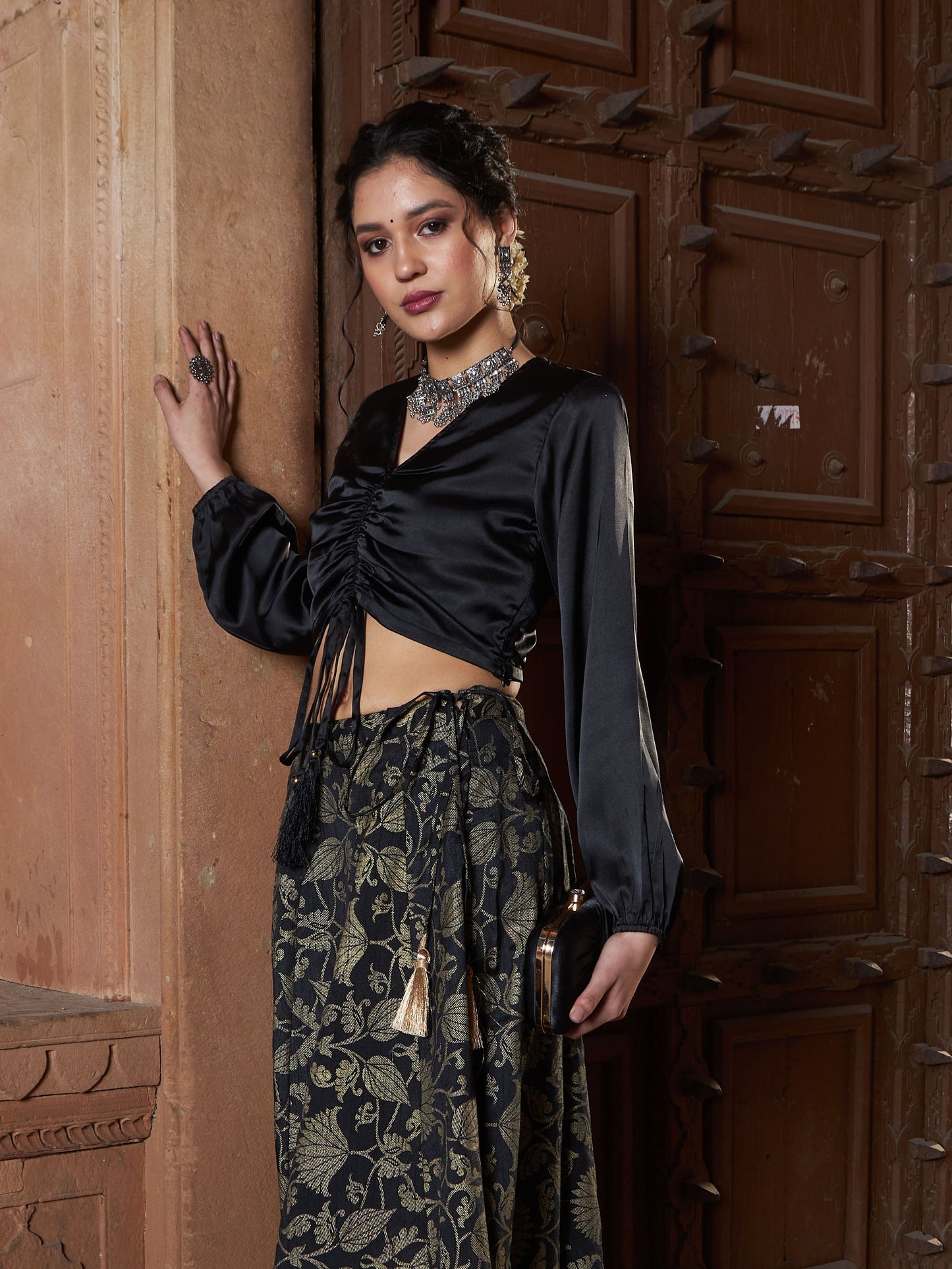 Black Satin Ruched Crop Top-Shae by SASSAFRAS