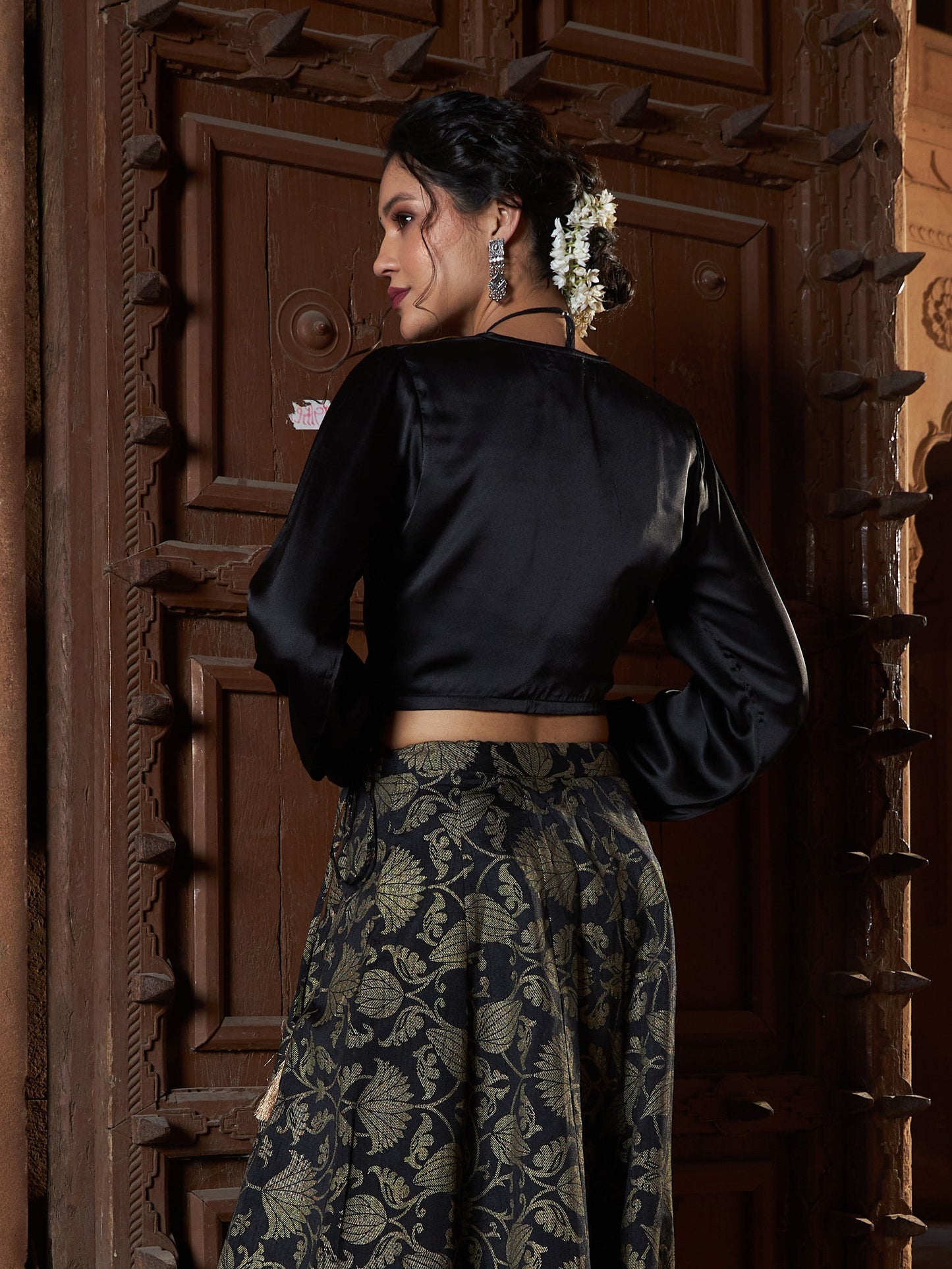 Black Satin Ruched Crop Top-Shae by SASSAFRAS