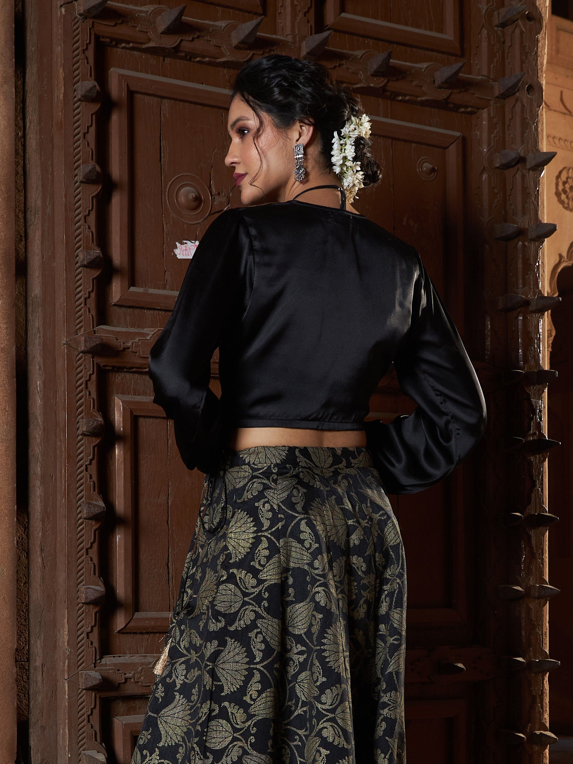 Black Satin Ruched Crop Top-Shae by SASSAFRAS