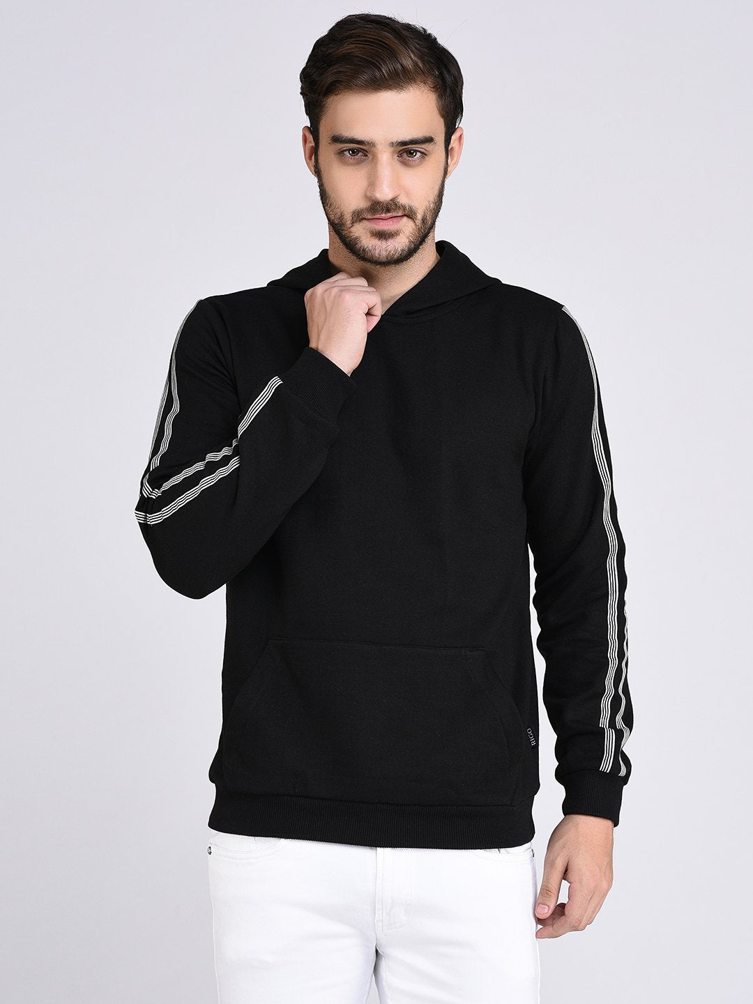 Men Black Fleece With Stripe Tape Patch On Sleeve Hooded SweaT-Shirt