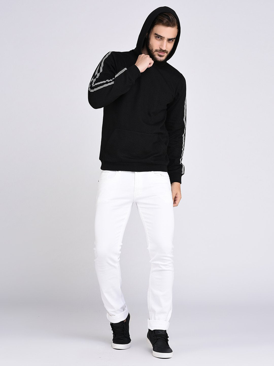 Men Black Fleece With Stripe Tape Patch On Sleeve Hooded SweaT-Shirt