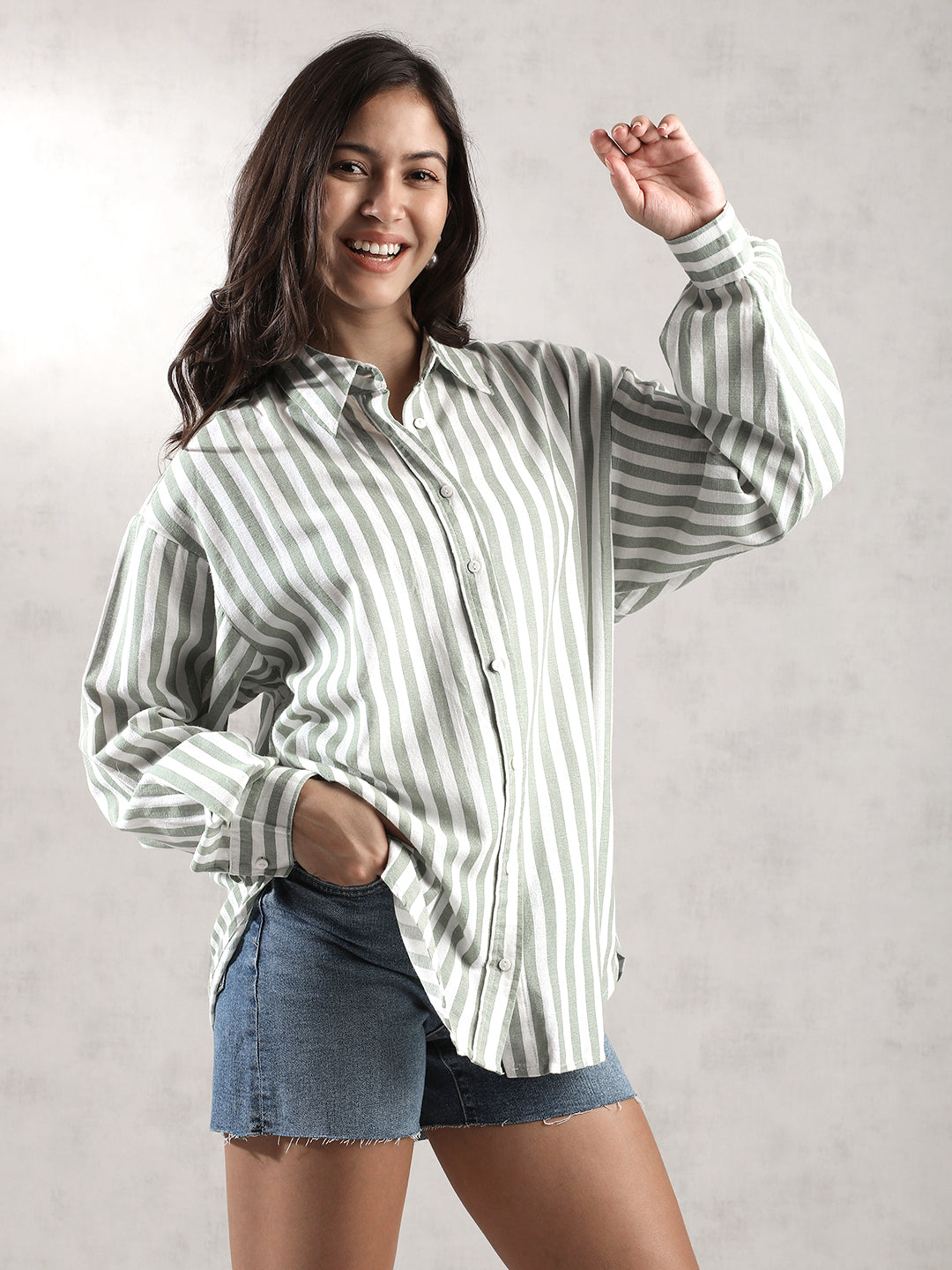 Women Green Stripes Comfort Fit Shirt