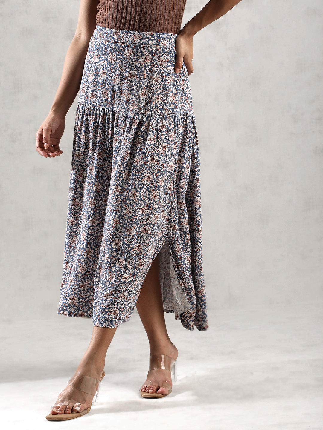 Women Blue Printed Long Length Skirt