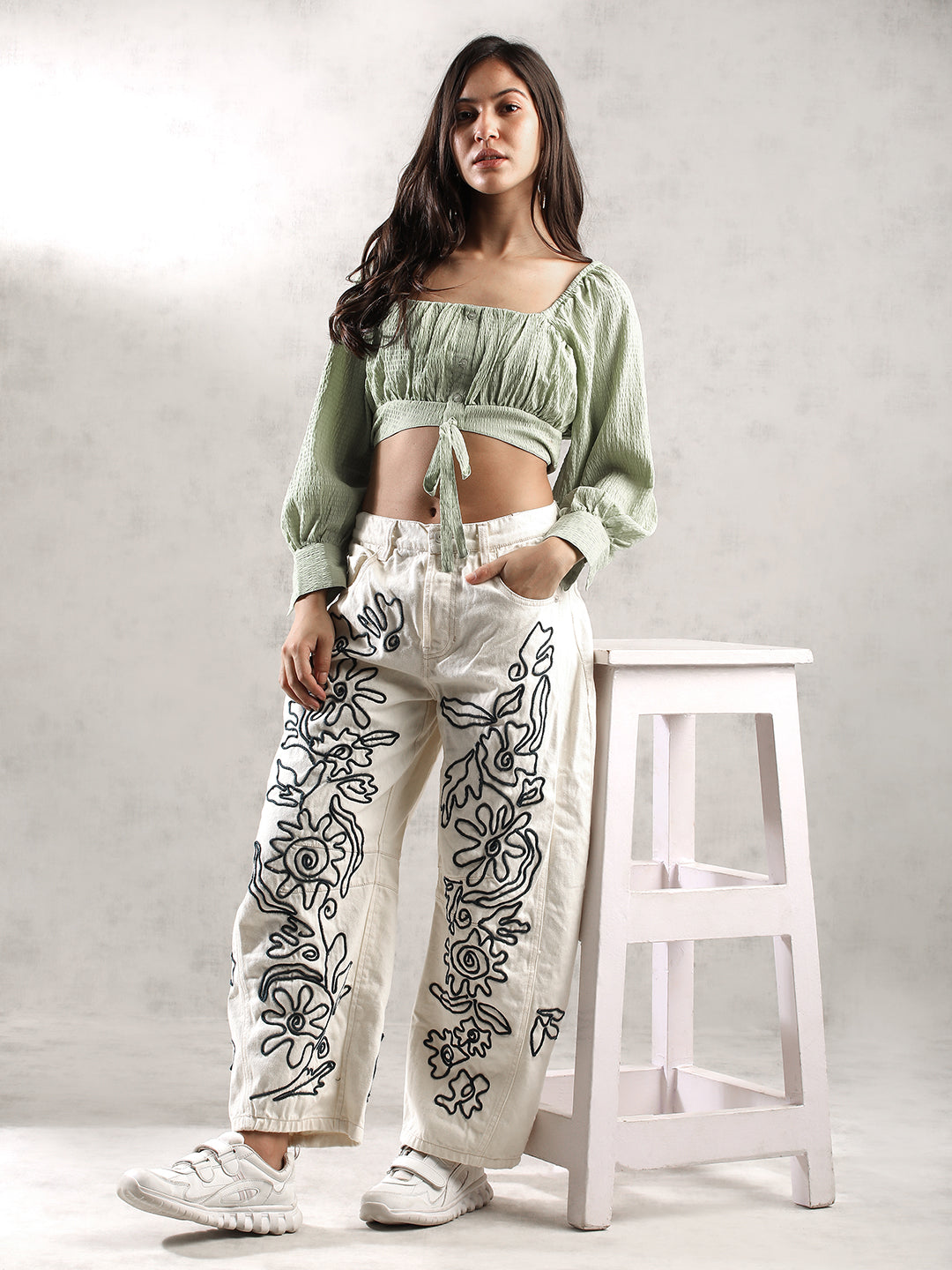 Women Cream Chic Thread Work Denim