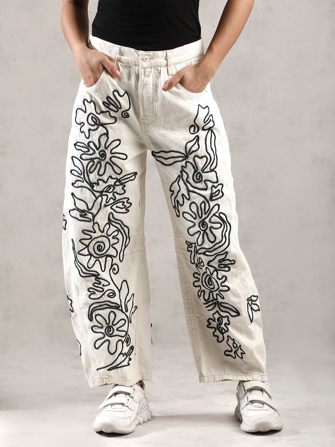Women Cream Chic Thread Work Denim