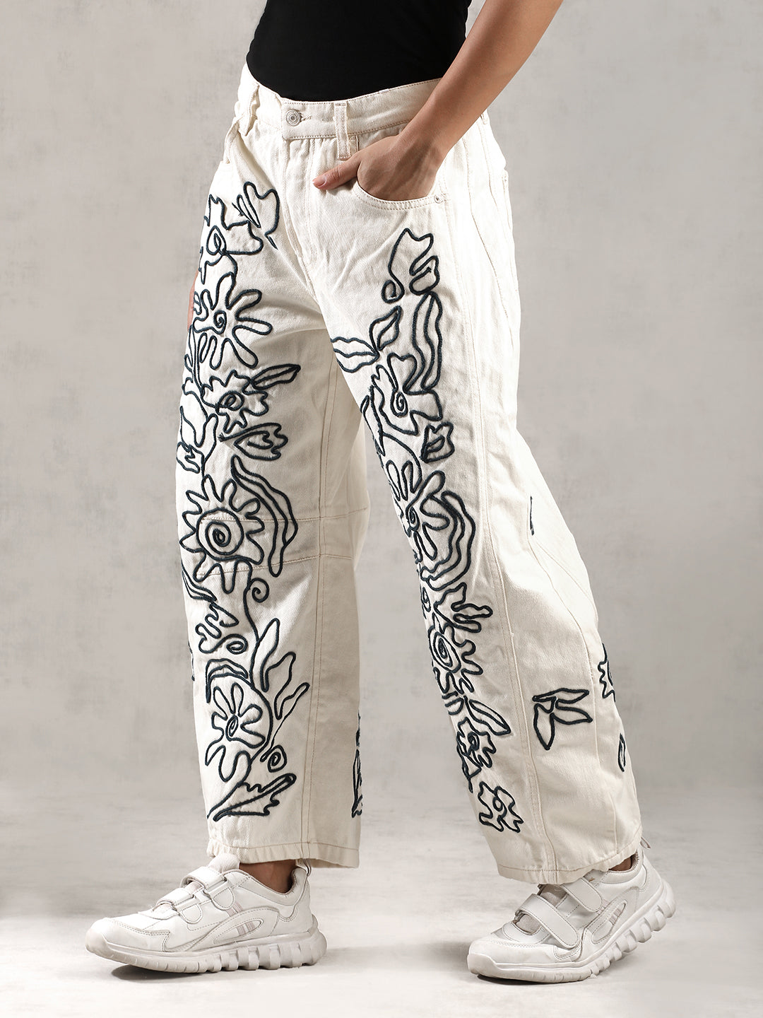 Women Cream Chic Thread Work Denim