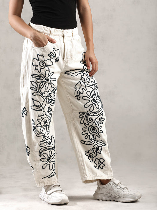Women Cream Chic Thread Work Denim