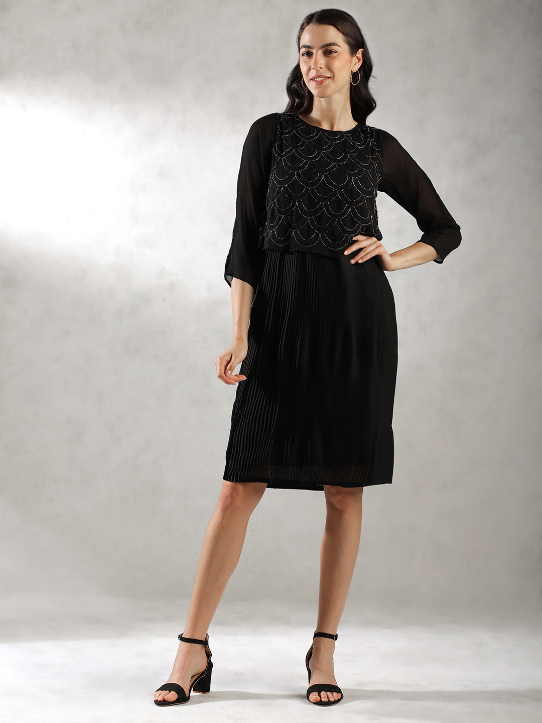 Women Black Sequinned Midi Dress