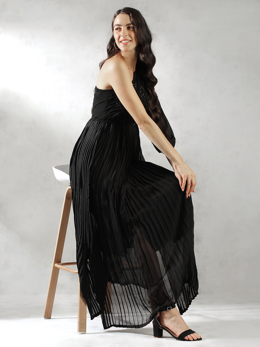 Women Pleated One Shoulder Maxi Dress