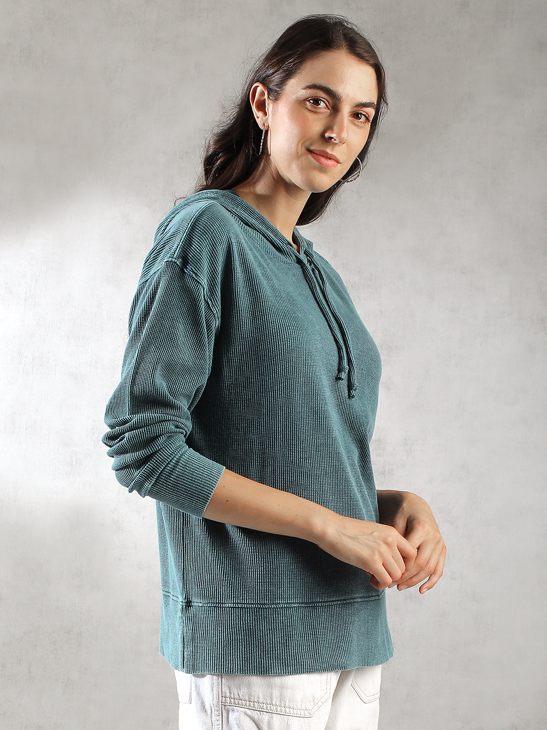 Women Teal Ribbed Hoodie