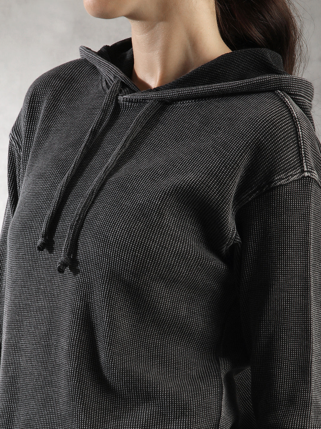 Women Charcoal Ribbed Hoodie