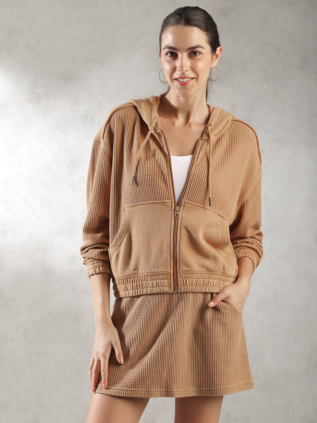 Women Brown Waffle Textured Jacket