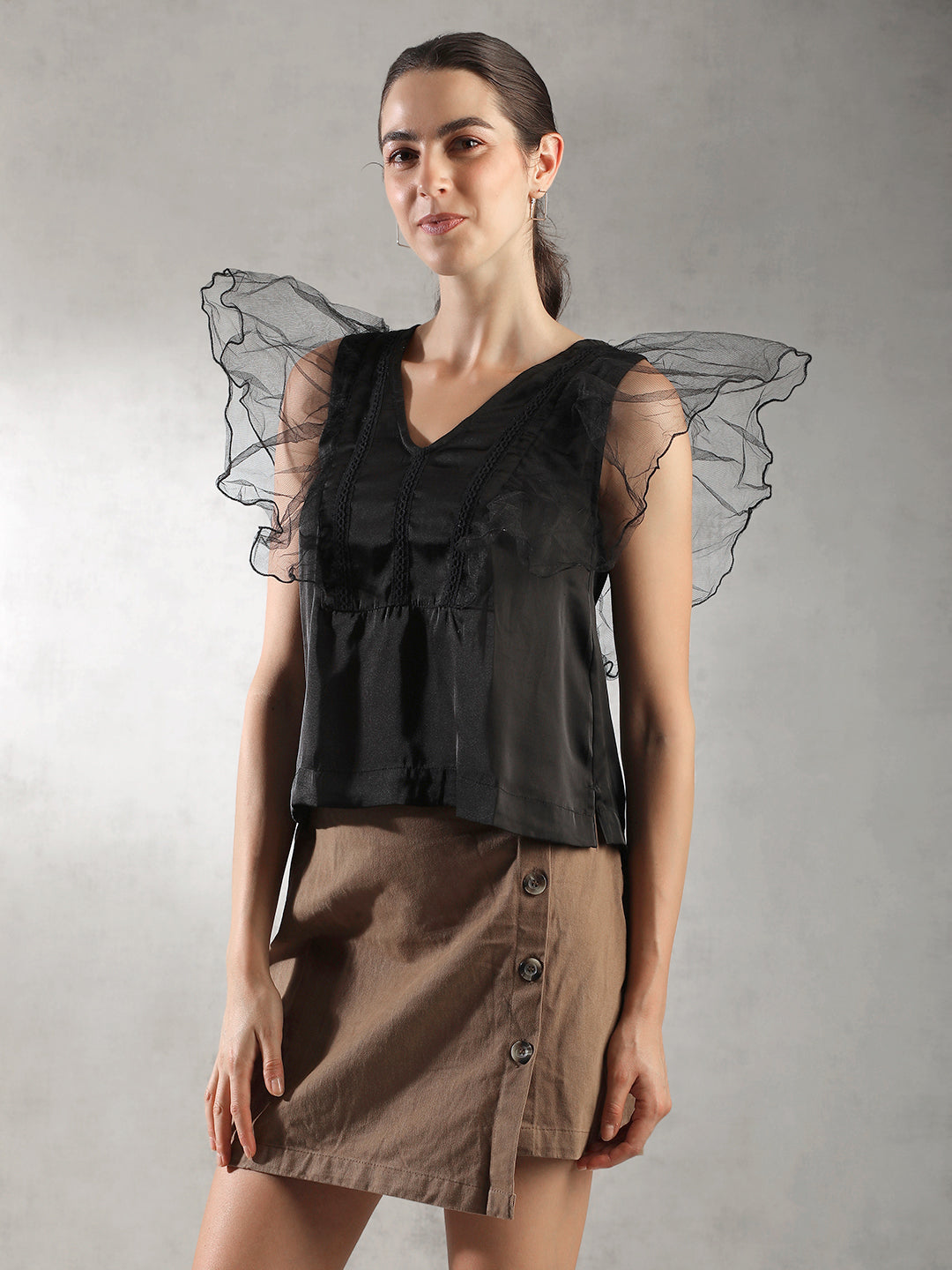 Women Black Fairy Sleeves Top