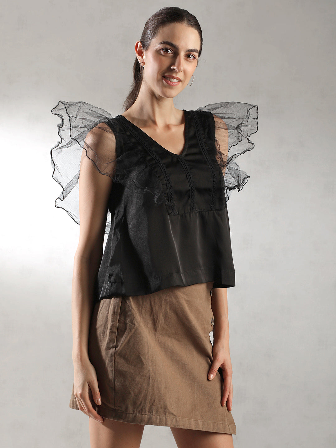 Women Black Fairy Sleeves Top